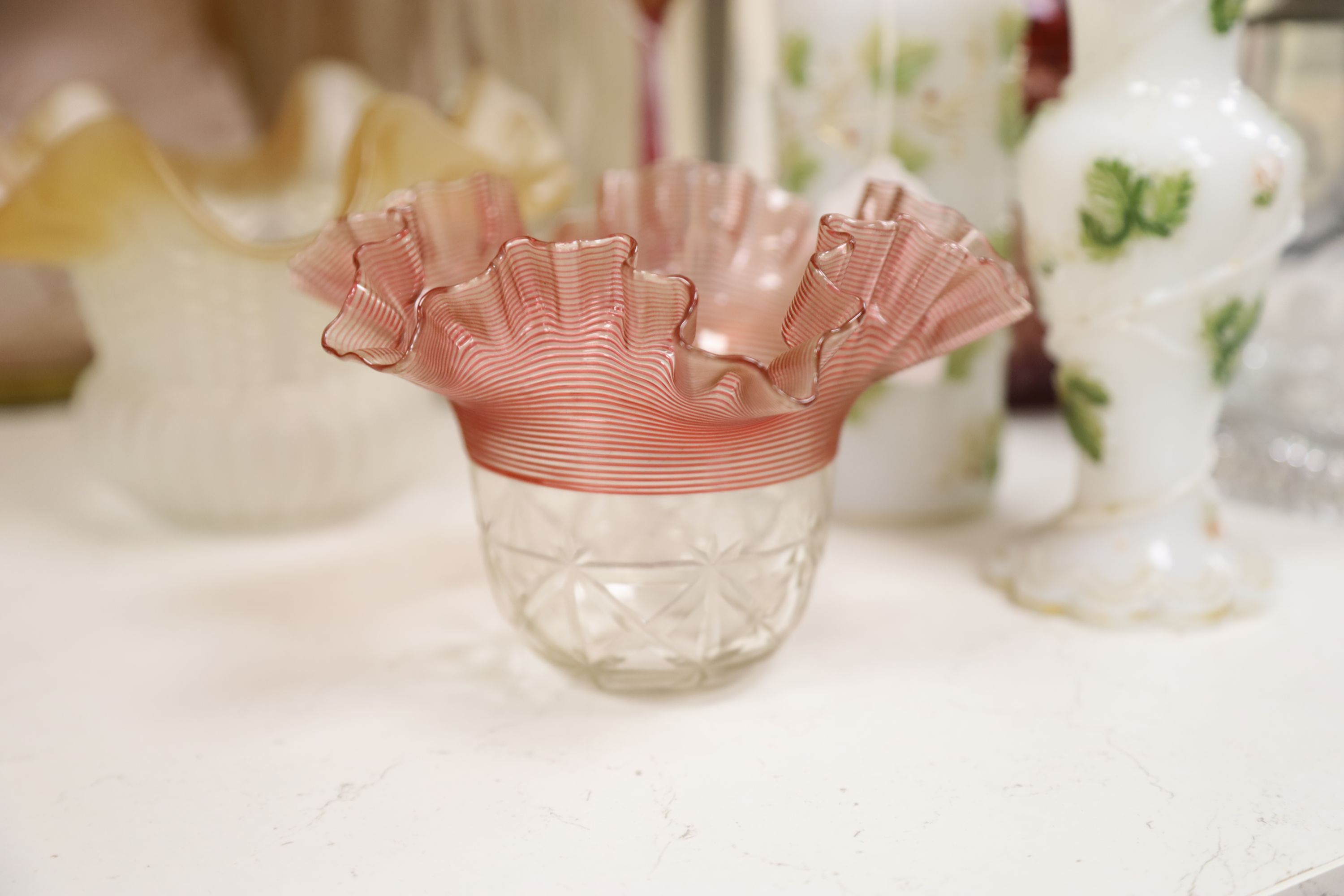 A collection of mixed glassware, including a Bohemian ruby flash decanter